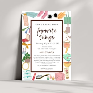 Invitación para fiesta de cosas favoritas, invitación imprimible editable para fiesta de cosas favoritas, invitación imprimible, fiesta de cosas favoritas