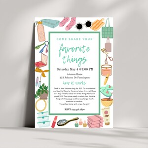 Invitación a la fiesta de cosas favoritas, invitación imprimible a la fiesta de cosas favoritas editable, invitación imprimible, fiesta de cosas favoritas