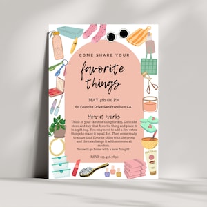 Invitación a la fiesta de cosas favoritas, invitación imprimible a la fiesta de cosas favoritas editable, invitación imprimible, fiesta de cosas favoritas