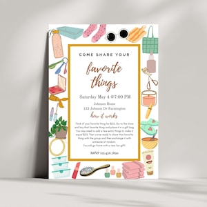 Invitación para fiesta de cosas favoritas, invitación imprimible editable para fiesta de cosas favoritas, invitación imprimible, fiesta de cosas favoritas