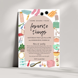 Invitación a la fiesta de cosas favoritas, invitación imprimible a la fiesta de cosas favoritas editable, invitación imprimible, fiesta de cosas favoritas