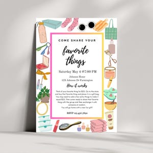 Invitación para fiesta de cosas favoritas, invitación imprimible editable para fiesta de cosas favoritas, invitación imprimible, fiesta de cosas favoritas