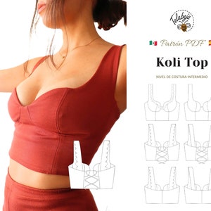 May include: A red crop top with a sweetheart neckline and a corset-style bodice. The image also includes a sewing pattern for a similar top, labelled "Koli Top" with the text "Patrón PDF" in Spanish.