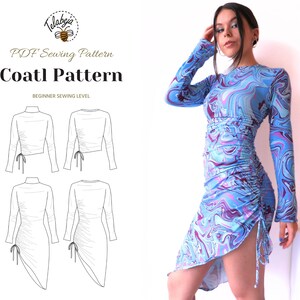 Könnte beinhalten: Ein digitales Schnittmuster für ein langärmliges Oberteil oder Kleid mit einem seitlichen Bindedetail. Das Schnittmuster heißt "Coatl Pattern" und ist als Anfänger-Nählevel gekennzeichnet.