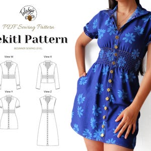 Könnte beinhalten: Ein blaues Kleid mit Blumenmuster, kurzen Ärmeln und einer Knopfleiste vorne. Das Kleid hat eine taillierte Taille und Taschen. Das Bild zeigt auch ein Schnittmuster mit verschiedenen Ansichten des Kleides, einschließlich eines Crop-Tops und einer ärmellosen Version. Der Text auf dem Bild lautet "Tekitl Pattern".