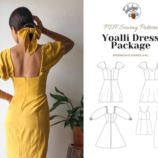 Yoalli Dress | Sweetheart Bodice Puffy Sleeve Slit Dress | Sizes A-I (EU34-50 US 2-18) | Instant Download A4/A0/US Letter PDF Sewing Pattern