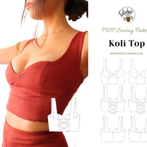 Könnte beinhalten: Ein rostfarbenes Koli-Top mit geschwungenem Ausschnitt und strukturiertem Oberteil. Das Bild enthält auch ein PDF-Schnittmuster mit Illustrationen des Top-Designs, beschriftet mit "Koli Top" und "Intermediate Sewing Level".
