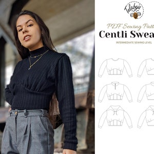 Könnte beinhalten: Ein schwarzer Rollkragenpullover mit einem taillierten Oberteil und langen Ärmeln. Der Pullover wird an einem Model mit grauer Hose gezeigt. Das Bild enthält auch ein Schnittmuster für einen ähnlichen Pullover mit dem Titel "Centi Sweater" mit dem Text "PDF Sewing Pattern" und "Mittleres Nähniveau".