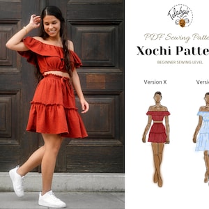 Könnte beinhalten: Ein PDF-Schnittmuster für ein zweiteiliges Outfit namens "Xochil Pattern". Das Schnittmuster ist für Anfänger geeignet und umfasst zwei Versionen: Version X und Version Y. Das Bild zeigt eine Frau, die eine rote Version des Outfits trägt, sowie zwei Illustrationen des Outfits in Rot und Blau.