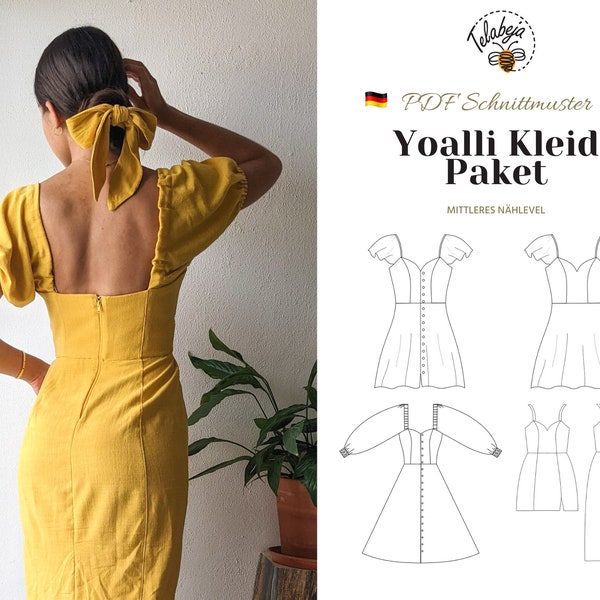 Yoalli Kleid | Puffärmel Kleid mit Herzausschnitt und Schlitz | Größen A-I (EU34-50) | E-Book A4 und A0 PDF Schnittmuster