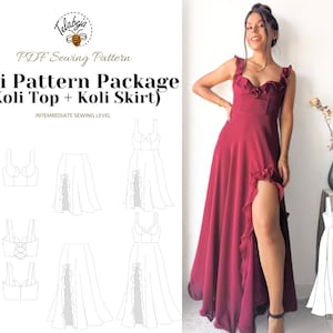 Könnte beinhalten: Ein Schnittmuster für ein Koli-Oberteil und einen Koli-Rock. Das Schnittmuster enthält Anweisungen für ein mittleres Nähniveau. Das Bild zeigt eine Frau, die eine rote Version des Outfits trägt, sowie Strichzeichnungen der Schnittmusterteile.