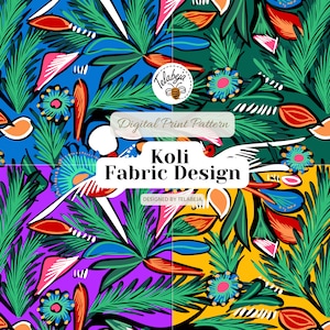 Könnte beinhalten: Ein digitales Druckmuster mit einem farbenfrohen Blumendesign mit grünen Blättern, roten, orangefarbenen und blauen Blumen und einem gelben Hintergrund. Der Text "Koli Fabric Design" befindet sich in der Mitte des Bildes.