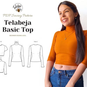 Könnte beinhalten: Ein Schnittmuster für ein Basic-Top mit Rollkragen. Das Schnittmuster heißt "Telabeja Basic Top" und ist für Nähanfänger geeignet. Das Schnittmuster enthält vier verschiedene Ansichten des Tops: Vorderseite, Rückseite und zwei Seitenansichten.