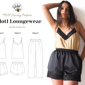 Könnte beinhalten: Ein PDF-Schnittmuster für ein Loungewear-Set namens "Yolotl Loungewear". Das Schnittmuster beinhaltet ein Tanktop mit Spitzenbesatz und eine Shorts mit Spitzenbesatz. Das Schnittmuster ist für Anfänger geeignet.