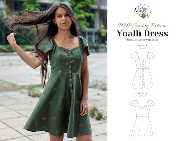 Yoalli Dress Sweetheart Bodice Ruffle Sleeve Dress Sizes A I EU34 50 US 2 18 Instant Download A4 A0 US Letter PDF Sewing Pattern Etsy France