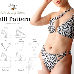 Könnte beinhalten: Ein Schnittmuster für ein einseitiges Bikini-Oberteil und -Unterteil mit Optionen für einen Standard- oder einen frechen Rückenausschnitt. Das Schnittmuster beinhaltet auch eine Rock-Option. Das Schnittmuster heißt "Xalli Pattern" und ist als Anfänger-Nählevel gekennzeichnet.