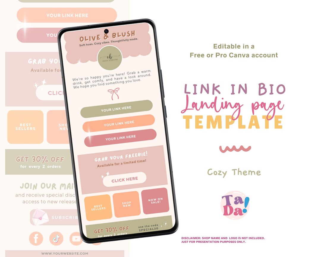 Cozy Link in Bio Canva Template, Editable Landing Page, Linktree ...