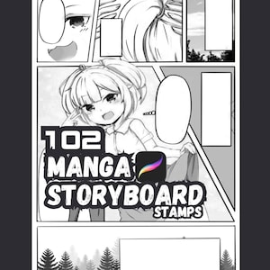 May include: A black and white manga-style comic strip with a smiling anime character. The text "102 MANGA STORYBOARD STAMPS" is displayed in a bold font. The Procreate logo is also visible.