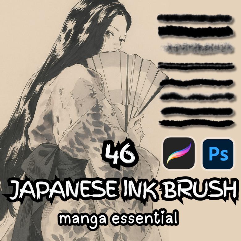 46 pinceles de tinta para Procreate y Photoshop – Set de tinta sumi japonesa/china y plumas de tinta