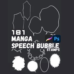 Op de afbeelding: Een donkergrijze afbeelding met witte manga-spraakbellenstempels. De tekst luidt "181 Manga Speech Bubble Stamps" met de logo's van Procreate en Photoshop. Verschillende vormen van spraakbellen worden weergegeven.