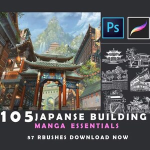 Puede incluir: Activo de arte digital que presenta una ilustración detallada de un edificio japonés con una puerta tradicional y estructuras circundantes. La imagen incluye el texto "105 Japanese Building Manga Essentials" e iconos de Photoshop y Procreate.