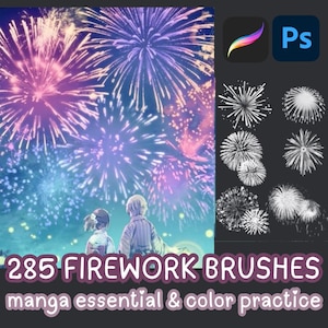 May include: Digital art illustration of a fireworks display in shades of pink and purple. The image includes the text "285 FIREWORK BRUSHES manga essential & color practice". Also included are the Procreate and Photoshop logos and examples of the brushes.
