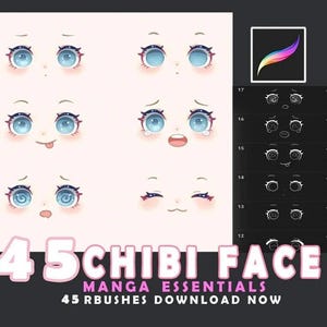 Könnte beinhalten: Digitale Kunst mit verschiedenen Chibi-Gesichtsausdrücken mit großen blauen Augen, darunter glücklich, traurig und überrascht. Der Text "45 CHIBI FACE" und "MANGA ESSENTIALS" wird in rosa und weißer Schrift angezeigt. Das Bild enthält auch ein digitales Kunstpinsel-Symbol.