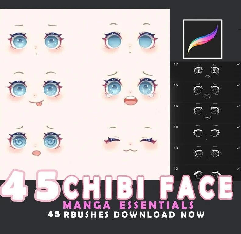 45 sellos de caras chibi para Procreate – Set de pinceles de expresiones kawaii para arte de personajes