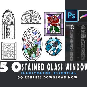 Puede incluir: Imagen que muestra cinco diseños de vidrieras, incluyendo una rosa, una mariposa y patrones florales. La imagen también incluye el texto "5 STAINED GLASS WINDOW" y "ILLUSTRATOR ESSENTIAL 50 RBUSHES DOWNLOAD NOW".