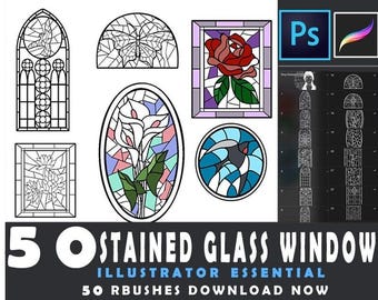 50 Window Stamps for Procreate, Stained glass procreate, Stained glass photoshop, windows brush photoshop, procreate decoration
