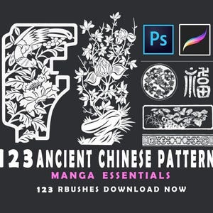 Puede incluir: Un producto de diseño gráfico digital con 123 patrones chinos antiguos. La imagen incluye diseños florales y de aves blancos, iconos de Photoshop y Procreate, y el texto "123 ANCIENT CHINESE PATTERN MANGA ESSENTIALS 123 RBRUSHES DOWNLOAD NOW" sobre un fondo oscuro.