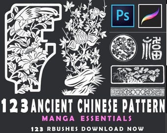 May include: A digital graphic design product featuring 123 ancient Chinese patterns. The image includes white floral and bird designs, Photoshop and Procreate icons, and the text "123 ANCIENT CHINESE PATTERN MANGA ESSENTIALS 123 RBRUSHES DOWNLOAD NOW" on a dark background.