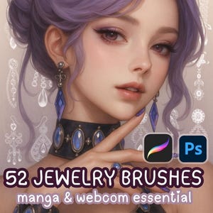 Può includere: Illustrazione digitale di una persona con capelli e trucco viola, che indossa gioielli. L'immagine include il testo "52 JEWELRY BRUSHES" e "manga & webcom essential". Sono presenti anche i loghi di Procreate e Photoshop.