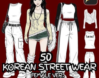 50 Korean Outfit Stamps for Procreate, Procreate clothes stamps, Procreate clothes brush, Procreate outfit brush, Procreate clothes