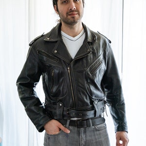 Blouson de motard en cuir vintage des années 90, taille moyenne, veste de Moto en cuir noir véritable, style punk rock gothique, manteau unisexe