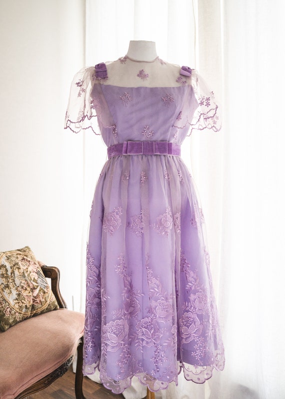 Vintage Lavender Purple Floral Lace Mesh Flutter Sleeve Velvet Bow Tea Dress 50s Style Fit and Flare Gown Small 4 Flutter Sleeve
