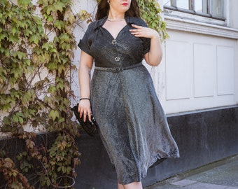 40er Jahre glitzerndes zweifarbiges schwarzes und silbernes Metallic-Lamé-A-Linien-Fit-and-Flare-Vintage-Kleid von Lady Petite Plus Size 1X XXL Swing-Kleid Glamour