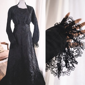 30s does Edwardian Revival Gothic Victorian Black Silk Jacquard Vintage Gown 1930s 1940s Dress Morticia Addams Witch Halloween Costume L-XL