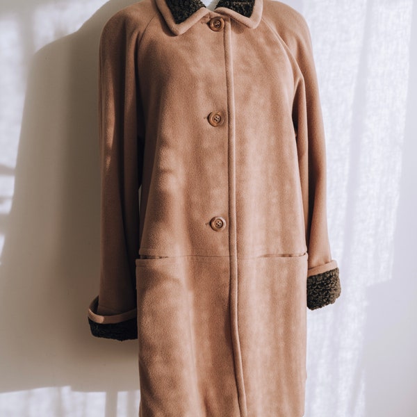 90s Wool Cashmere Camel Brown Vintage Winter Coat 1990s Fur Trim Collar Overcoat Teddy Coat Medium Large