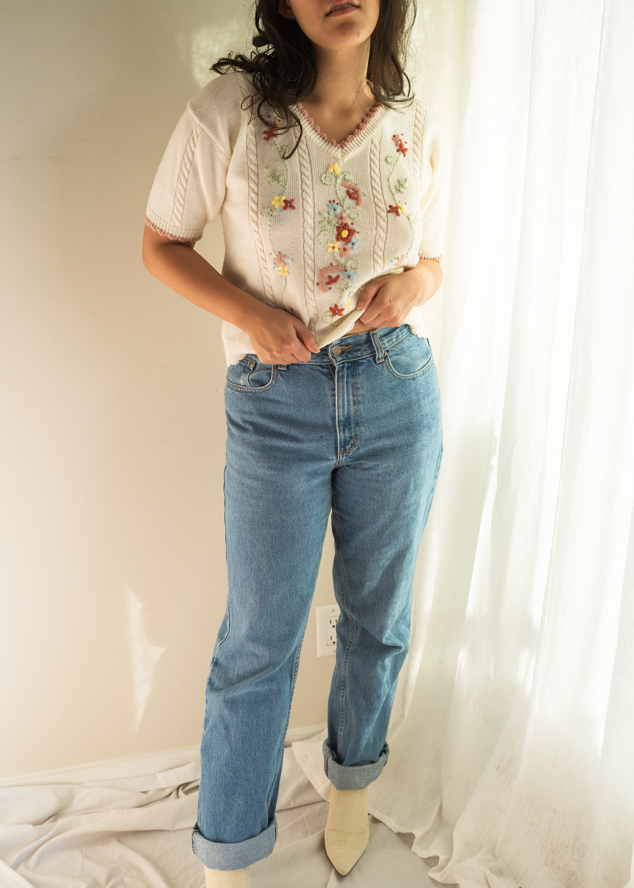 80s Cream Floral Embroidered Vintage Cable Knit Sweater Size 10-12 ...