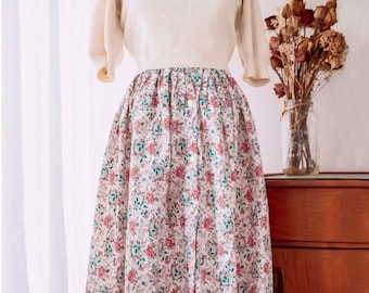 80s does 50s Floral Cotton Vintage Circle Skirt Size 0 XS 24” Waist 1980s does 1950s Style White Pink Bell Fit and Flare Skirt Dirndl Pleat