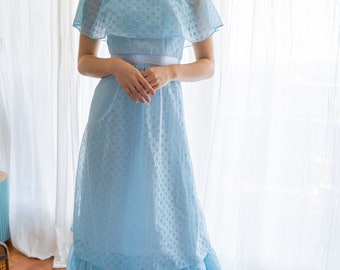 70s Baby Blue Eyelet Lace Tiered Vintage Maxi Tiered Prom Dress Size 4 Small 27” Waist 1970s Pastel Sky Blue Gown Fairy Flutter Sleeve