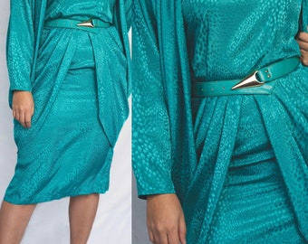 80s Avant Garde Teal Green Vintage Dress Port-Modes Size 4 Small Formal Evening Wear 1980s Vintage