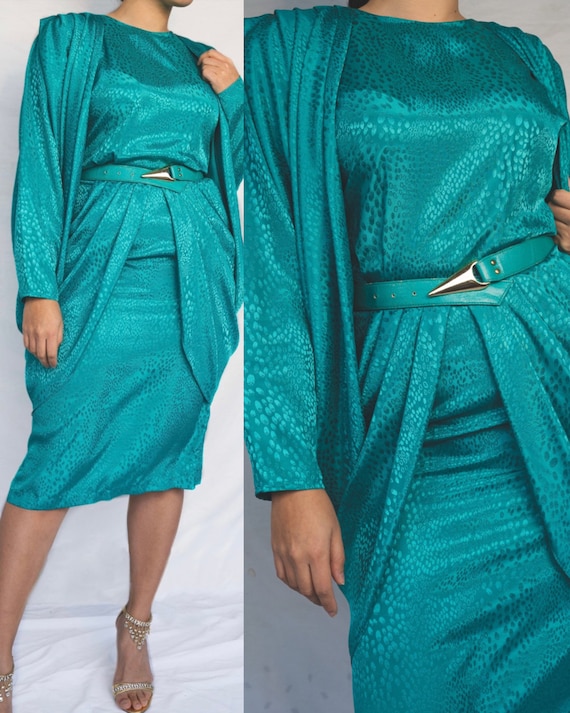 80s Avant Garde Teal Green Vintage Dress Port-Mod… - image 1