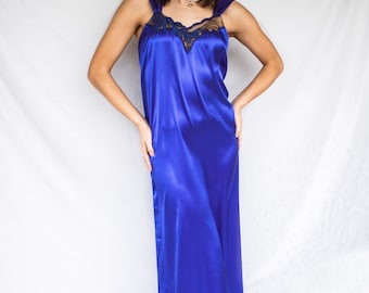 80-90-tals Safirblått satin vintage nattlinne Stor-XL 10-12 Spets Romantiskt Sexigt 1980-tals 1990-tals Sovplagg Loungewear För Henne Dampresent