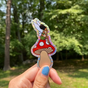 MUSHROOM FAIRY STICKER, cottage core glitter sticker, vinyl die cut sticker, magical, cute, scratch water and sunlight resistant