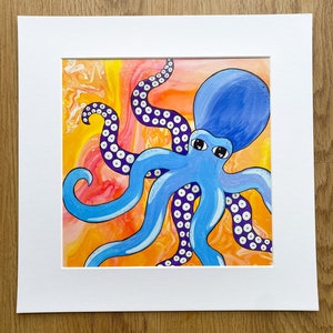 OCTOPUS GICLEE PRINT, acrylic pour, octopus, art, sea creatures, sea animals, coastal, tropical, beach house decor,  painting, matted print
