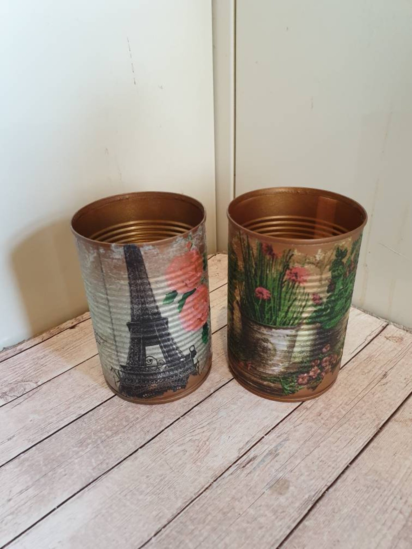 Set of 2 Decoupaged and Painted Decorative Tin Cans // Shabby Etsy