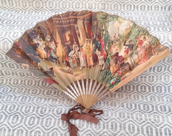 Spanish Antique Highly Decorated Paper Fan With Silver Painted Wooden Sticks and Sparkly Embellished Leaf Decoration