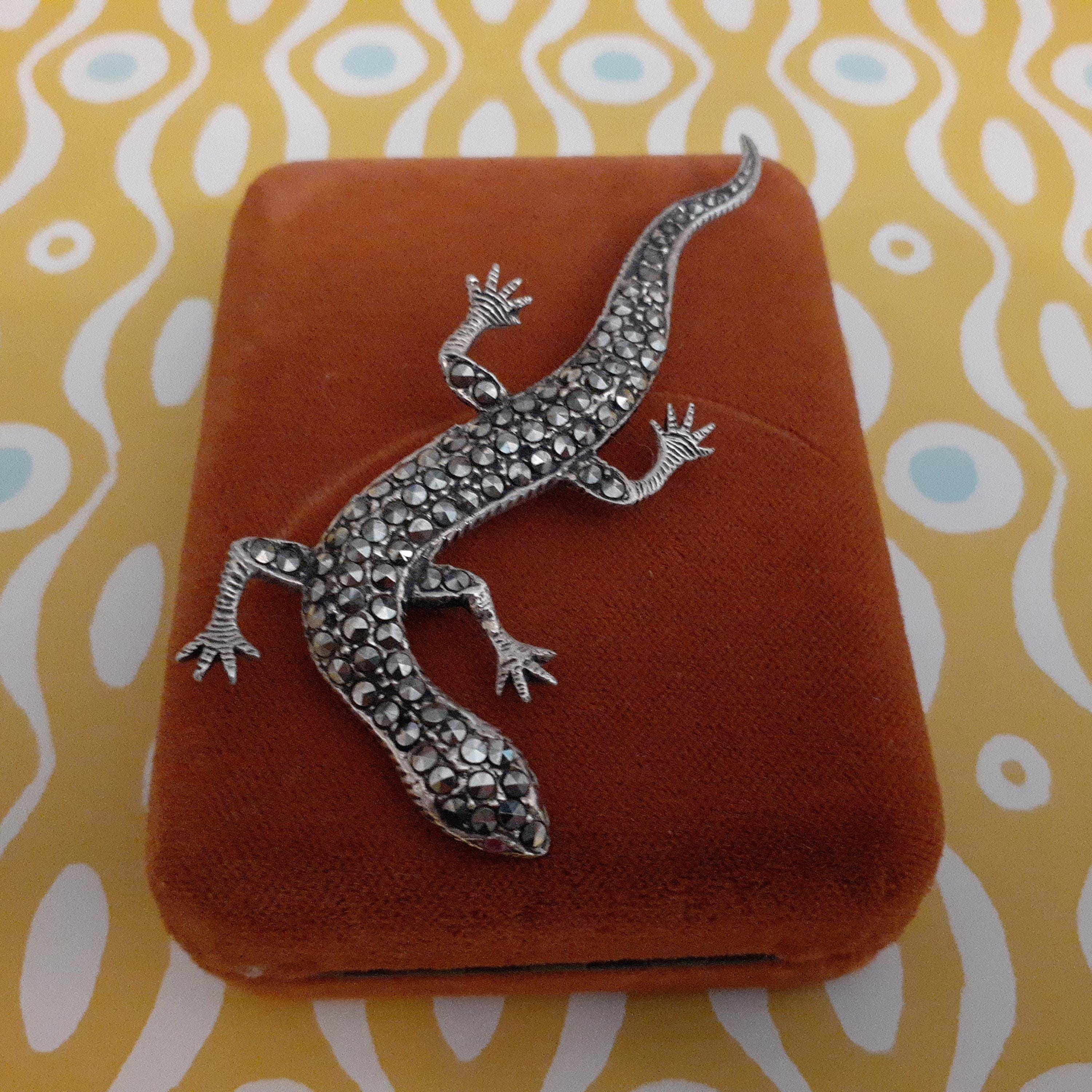 Vintage Large Lizard or Salamander 925 Silver and Marcasite Brooch